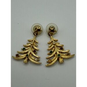 Gold Christmas Tree Dangle Earrings‎ Rhinestone Star Top Festive Holiday Jewelry